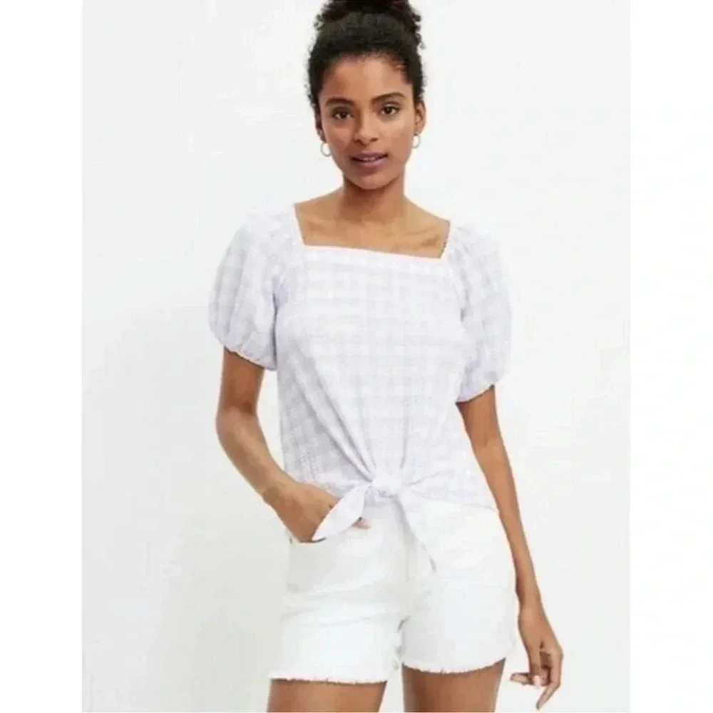 Loft Lavender Gingham off shoulder Tie Knot Puff Sleeve Top Size Petite S